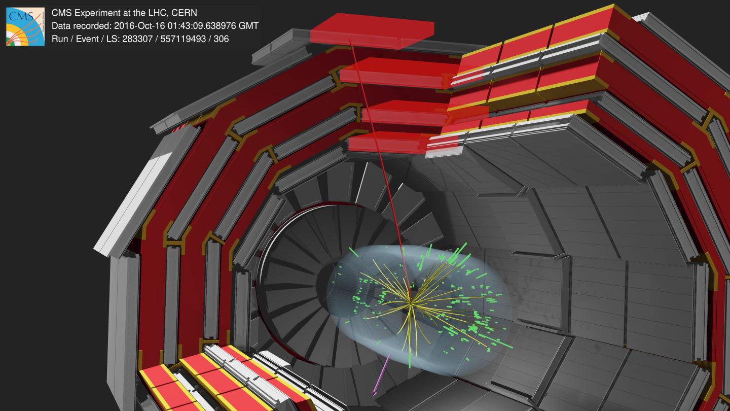 CMS candidate collision event for a W boson decaying into a muon (red line) and a neutrino that escapes detection (pink arrow). (Image: CMS/CERN)  